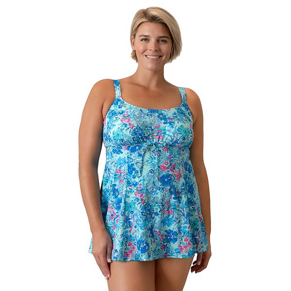 Plus Size A Shore Fit Garden Print Drawstring One-Piece Swim Dress