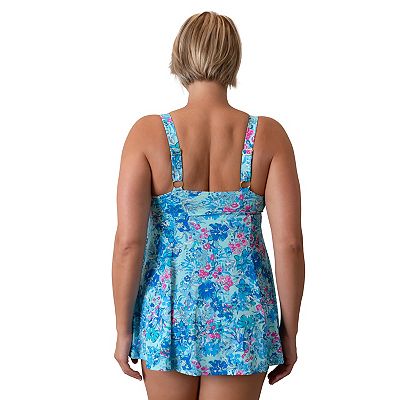 Plus Size A Shore Fit Garden Print Drawstring One Piece Swim Dress