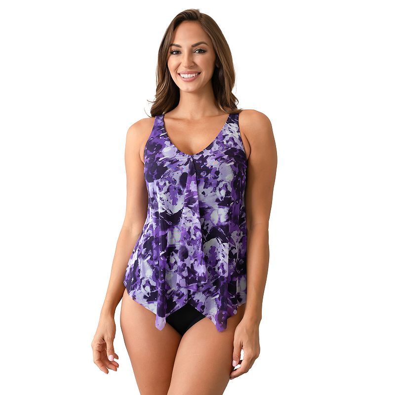 Womens A Shore Fit Mesh V-Neck Handkerchief Swim Top, Size: 8, Purple