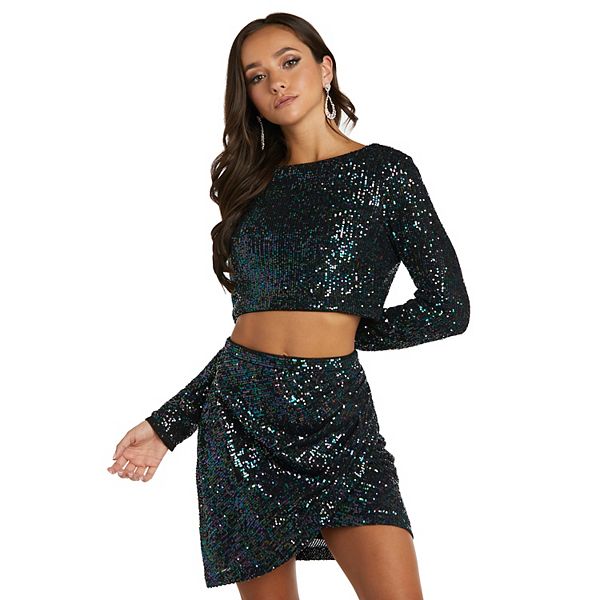 Juniors' and Co 2-pc. Sequin Long Sleeve Top & Wrap Short Skirt Set