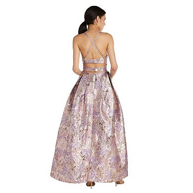 Juniors' Morgan and Co Metallic Open Back Fit & Flare Evening Gown