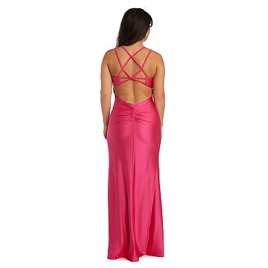 Juniors' Morgan and Co High Slit Ruched Back Evening Gown 