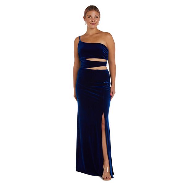 Juniors' Morgan and Co One Shoulder Cutout Long Stretch Velvet Evening Gown