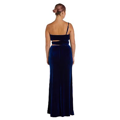 Juniors' Morgan and Co One Shoulder Cutout Long Stretch Velvet Evening Gown 