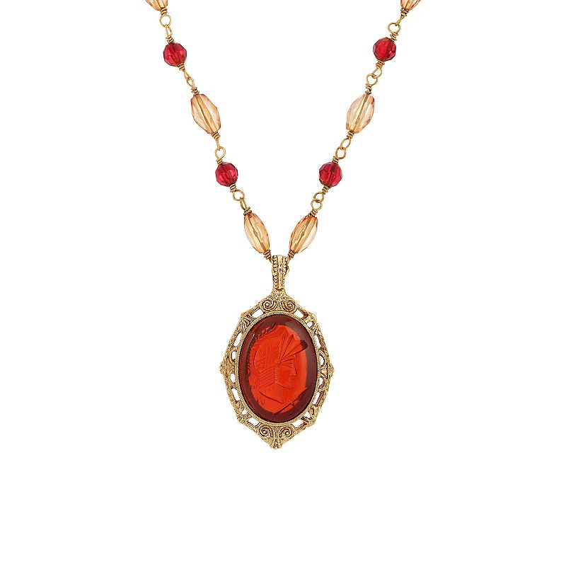 1928 Gold Tone Red & Amber Crystal Beaded Roman Soldier Cameo Necklace, Wom