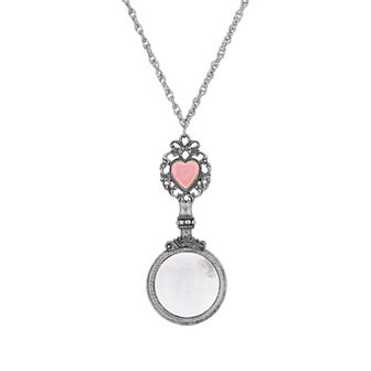 1928 Silver Tone Pink Crystal Heart Magnifying Glass Necklace