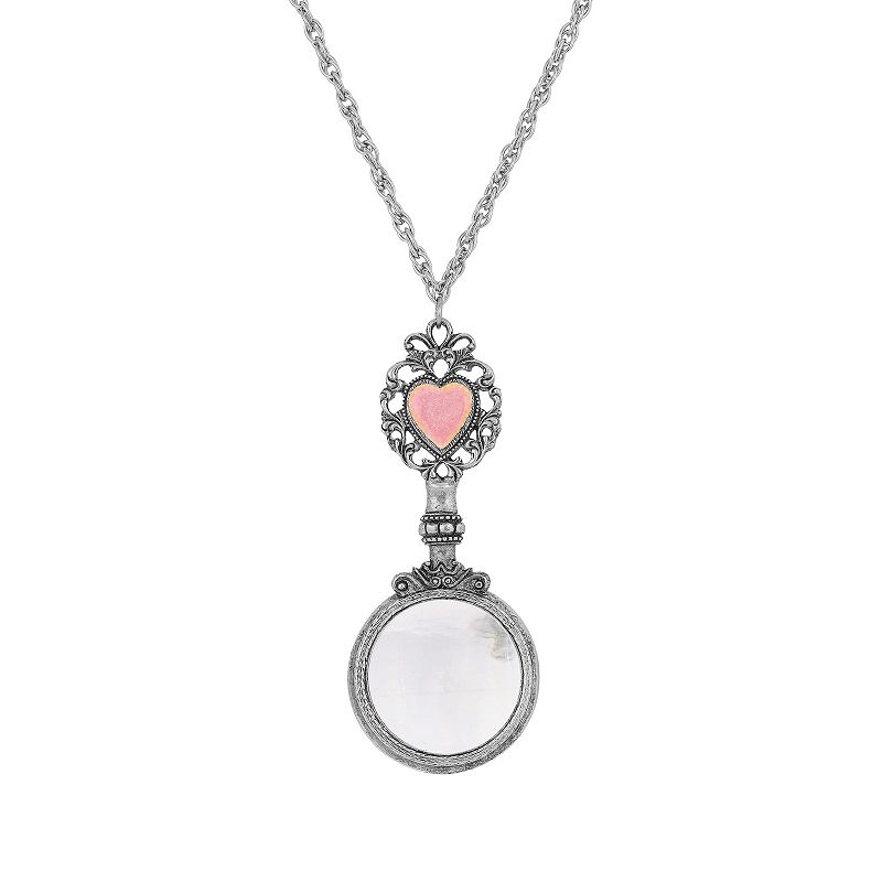 1928 Silver Tone Pink Crystal Heart Magnifying Glass Necklace, Womens