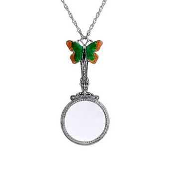 1928 Silver Tone Enameled Butterfly Magnifying Glass Necklace