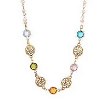 1928 Gold Tone Pastel Crystal & Simulated Pearl Filigree Link Necklace