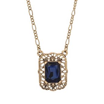 1928 Gold Tone Crystal Filigree Square Necklace