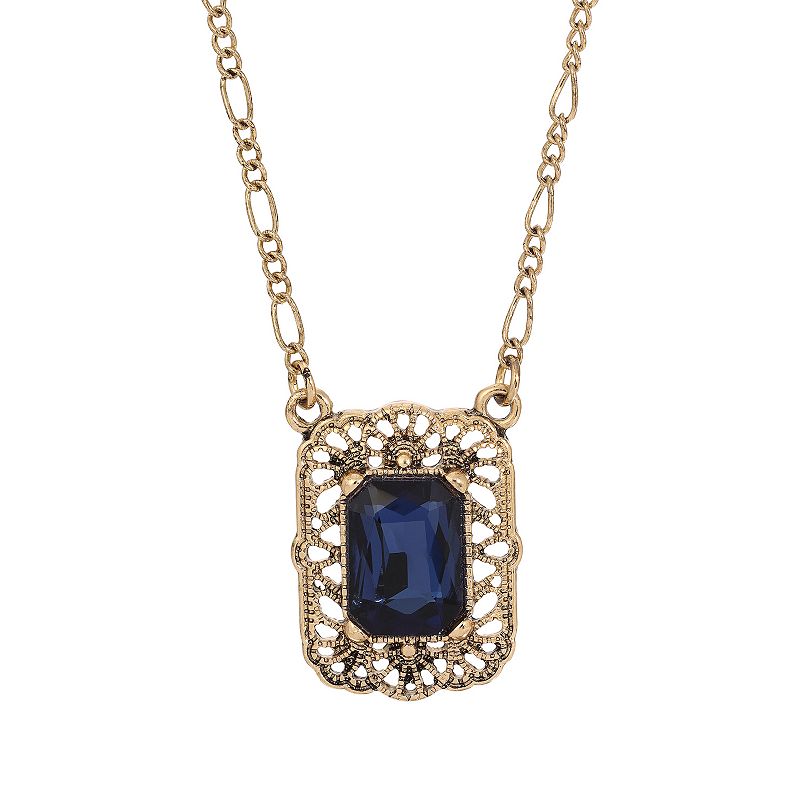 1928 Gold Tone Crystal Filigree Square Necklace, Womens, Blue