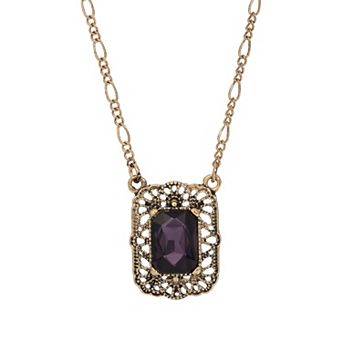 1928 Gold Tone Crystal Filigree Square Necklace