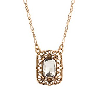1928 Gold Tone Crystal Filigree Square Necklace
