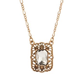 1928 Gold Tone Crystal Filigree Square Necklace