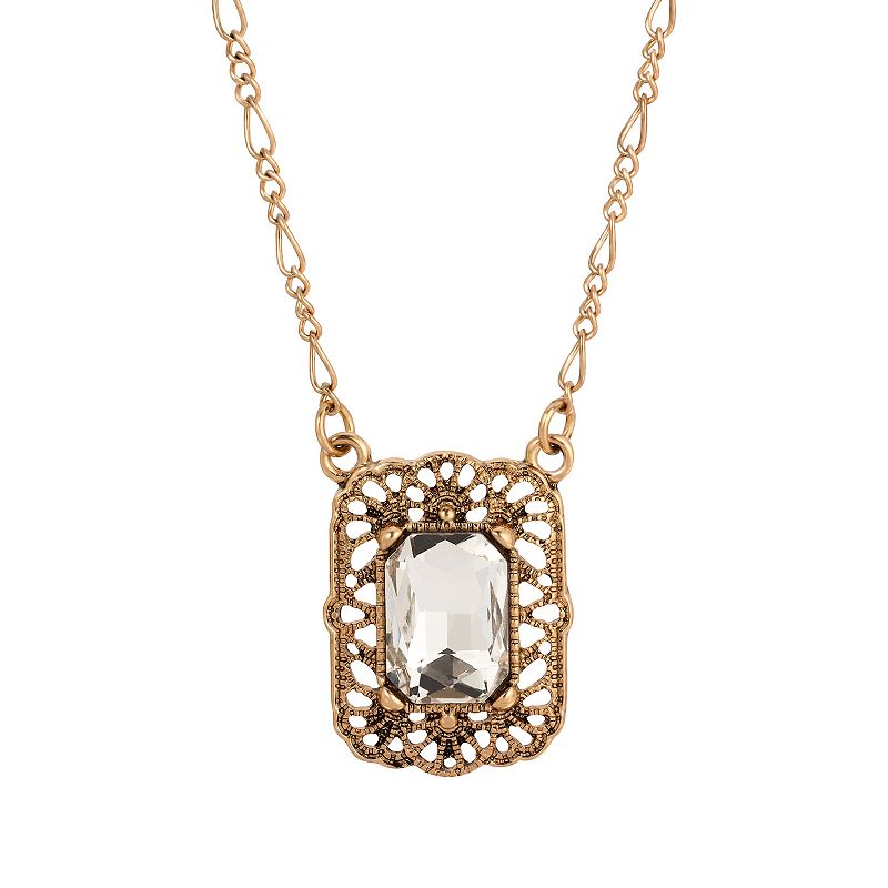 1928 Gold Tone Crystal Filigree Square Necklace, Womens, White