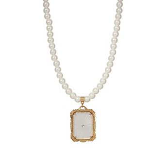 1928 Gold Tone Simulated Pearl & Crystal Frosted Glass Square Pendant Necklace