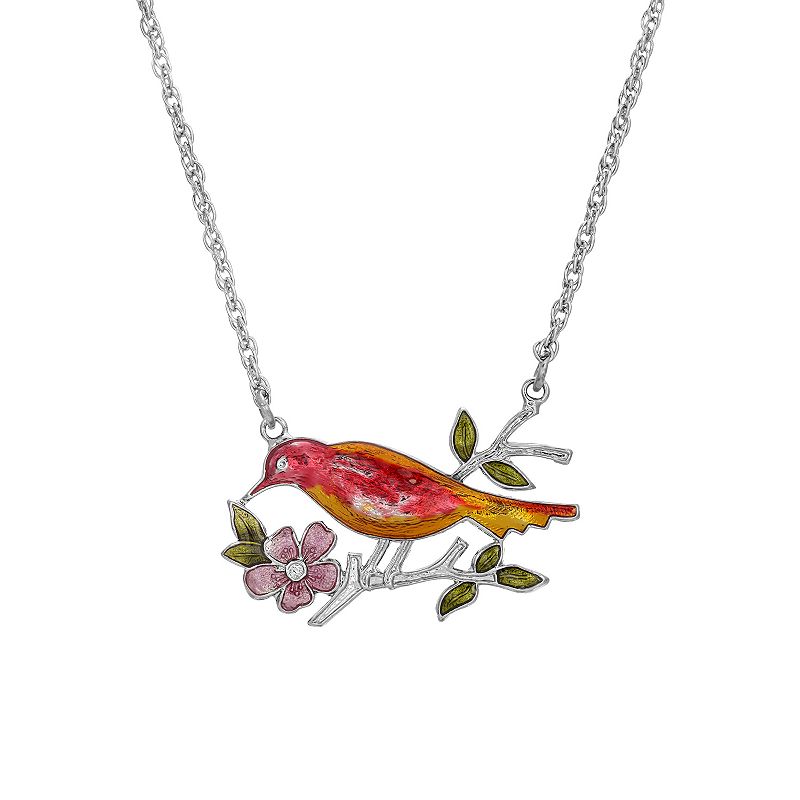 1928 Silver Tone Enamel Bird & Flower Necklace, Womens, Red
