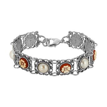 1928 Silver Tone Enamel & Simulated Pearl Flower Cameo Bracelet