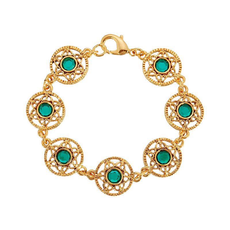1928 Gold Tone Crystal Filigree Link Bracelet, Womens, Green