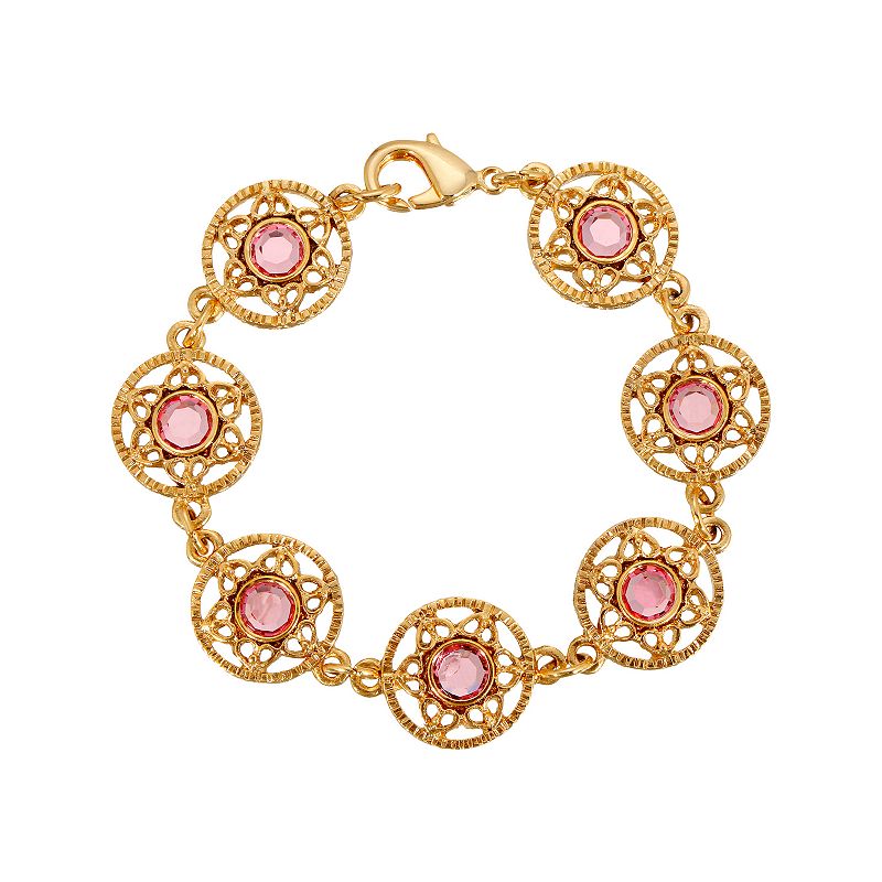 1928 Gold Tone Crystal Filigree Link Bracelet, Womens, Pink