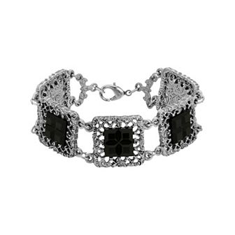 1928 Silver Tone Black Crystal Square Link Bracelet