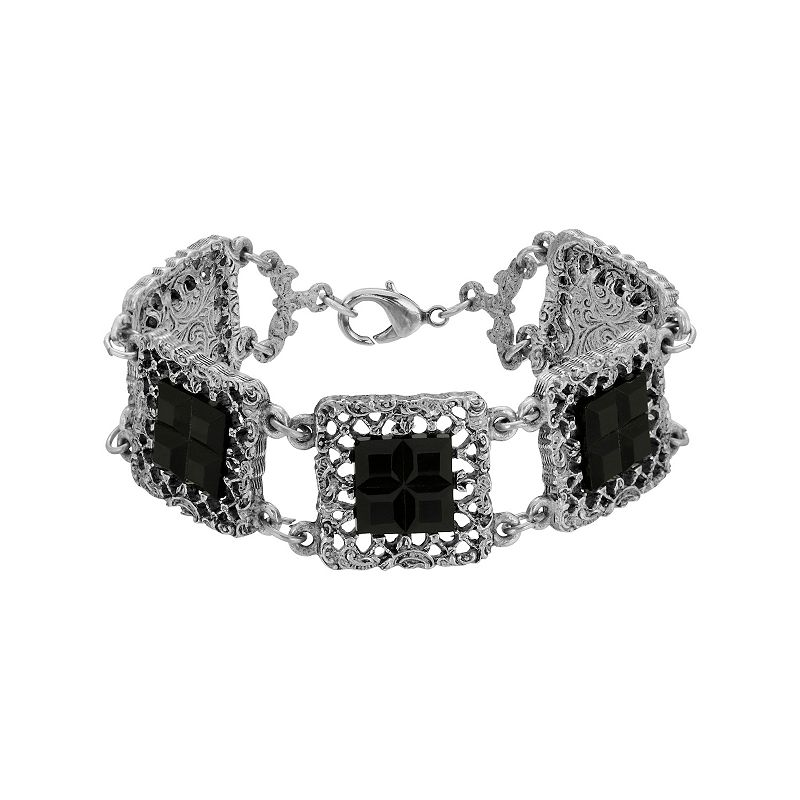 1928 Silver Tone Black Crystal Square Link Bracelet, Womens
