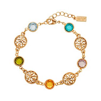 1928 Gold Tone Multi-Color Crystal Filigree Link Bracelet