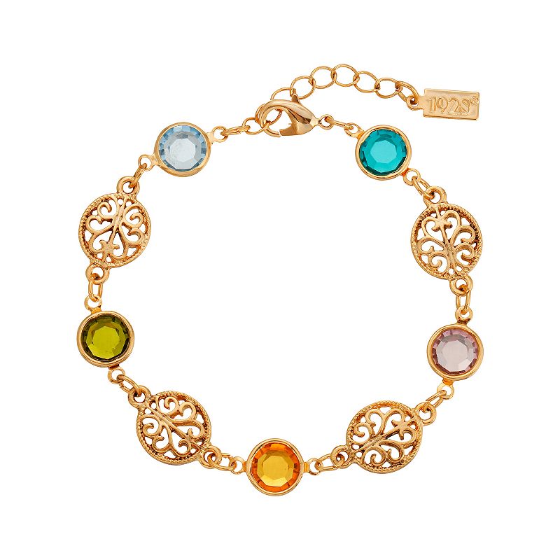 1928 Gold Tone Multi-Color Crystal Filigree Link Bracelet, Womens