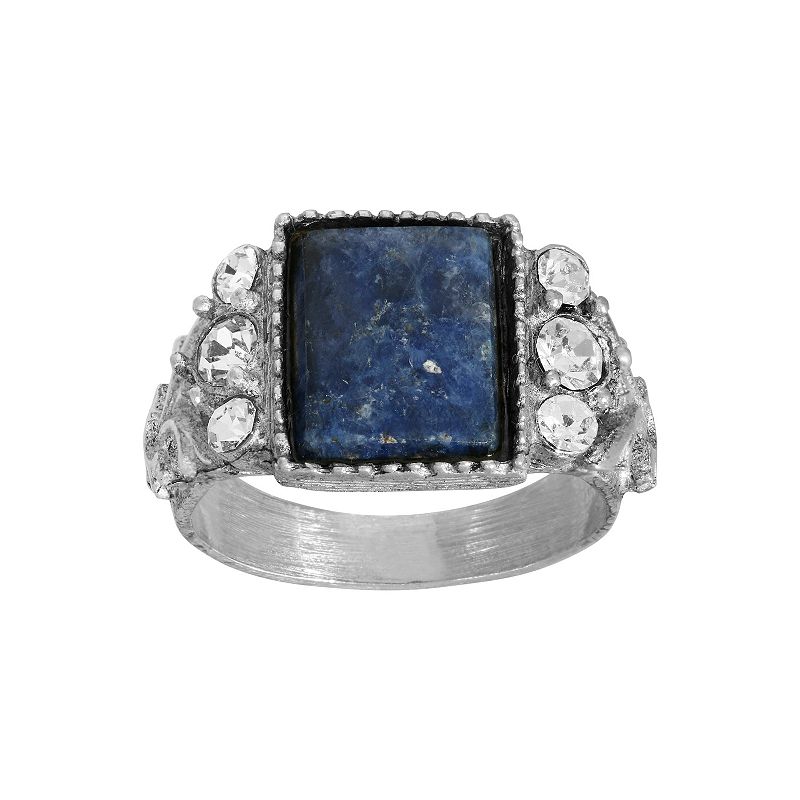 1928 Silver Tone Simulated Sodalite & Crystal Ring, Womens, Blue