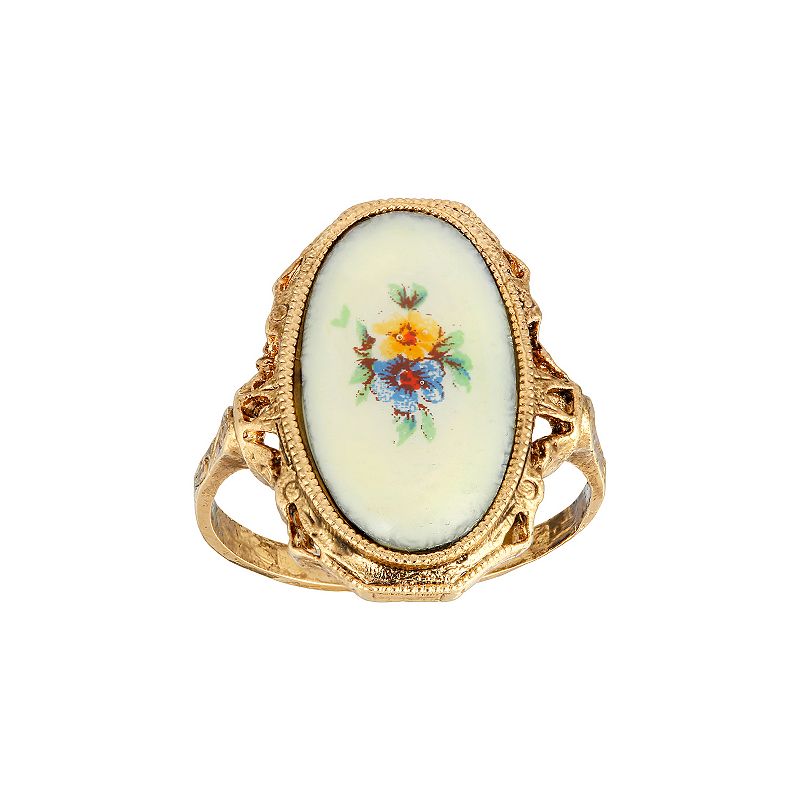1928 Gold Tone Enameled Oval Flower Ring, Womens, Multi