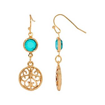 1928 Gold Tone With Blue Simulated Crystal Earrings