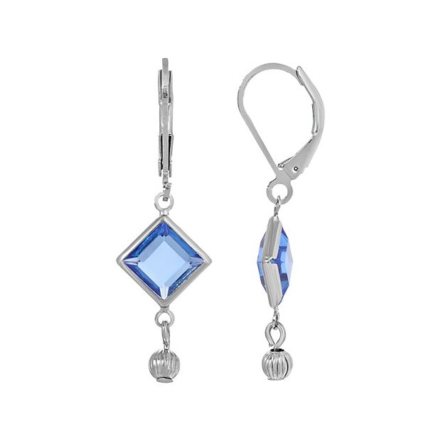 1928 Silver Tone Light Blue Crystal Square Drop Earrings