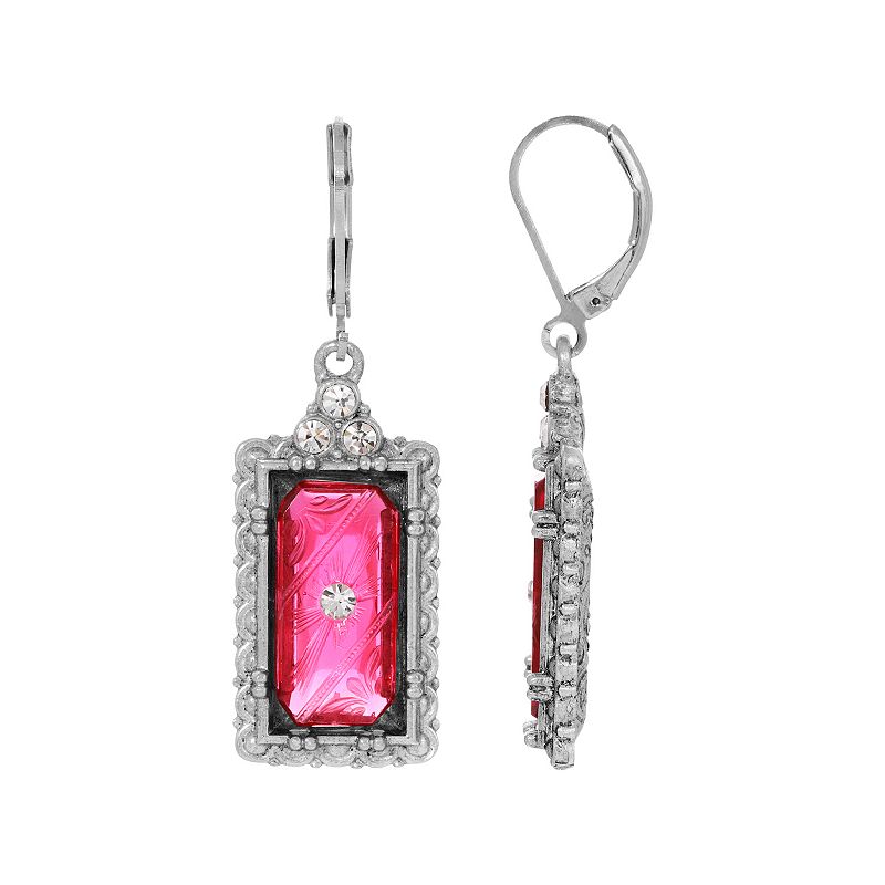 1928 Silver Tone Rectangle Simulated Crystal Stone Earrings, Womens, Pink