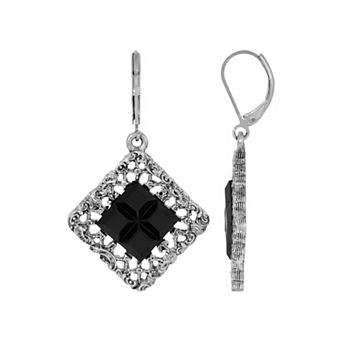 1928 Silver Tone Square With Jet Black Stone Earrings