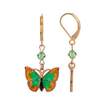 1928 Gold Tone Green and Yellow Butterfly Drop Earrings