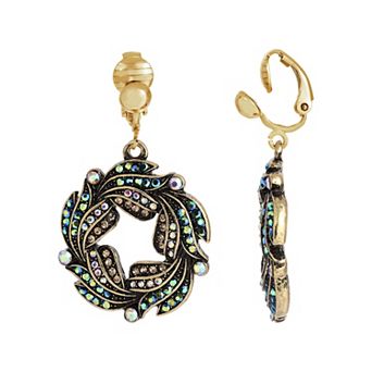 1928 Gold Tone Blue Iridescent Glass Stone Wreath Clip-On Earrings