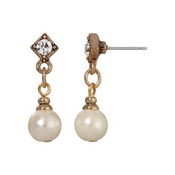 1928 Gold Tone Simulated Pearl Crystal Accent Drop Earrings
