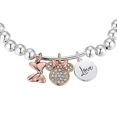 Disney Tri-Tone Crystal Minnie Mouse "Love" Multi Charm Stretch Bracelet