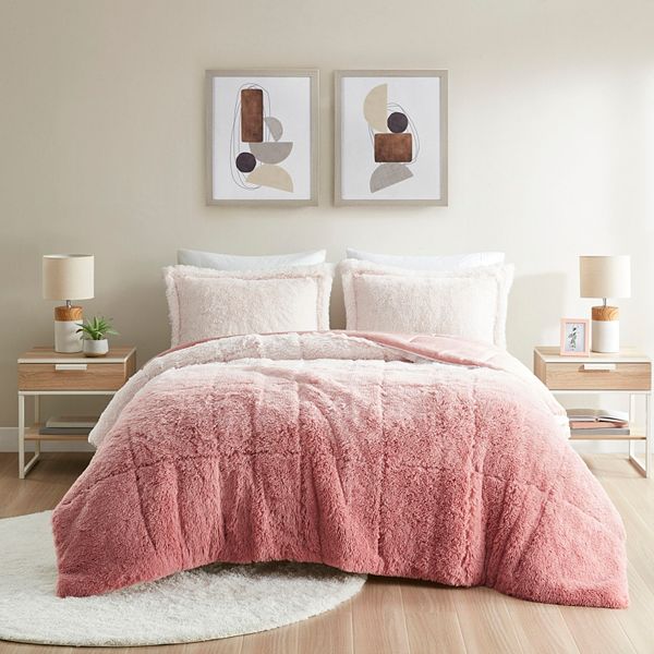 Intelligent Design Brielle Soft & Warm Ombre Shaggy Long Faux Fur Comforter Set - Blush (FULL/QUEEN)