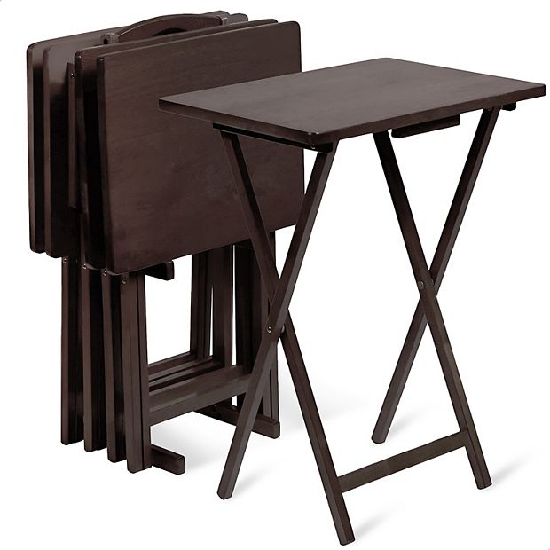 PJ Wood Folding TV Tray Tables with Compact Storage Rack Espresso