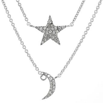 Luxle 14k White Gold Diamond Accent Double Layer Star & Moon Necklace