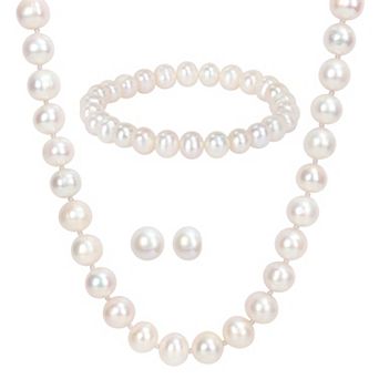 Stella Grace Sterling Silver Cultured Freshwater Pearl Necklace, Earring & Bracelet Trio Set