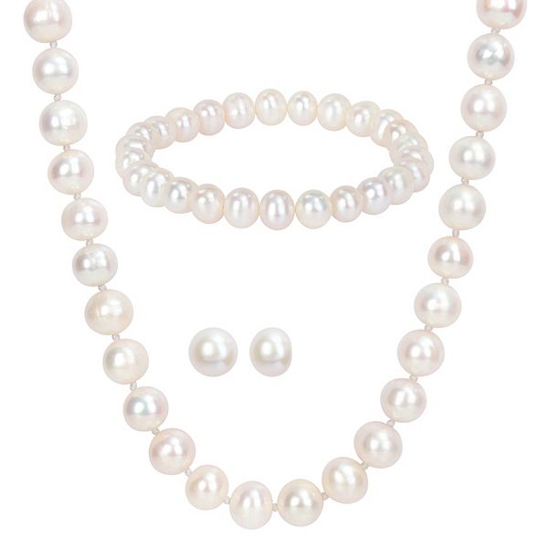 Stella Grace Sterling Silver Cultured Freshwater Pearl Necklace, Earring & Bracelet Trio Set - Sterling