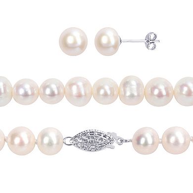 Stella Grace Sterling Silver Cultured Freshwater Pearl Necklace, Earring & Bracelet Trio Set