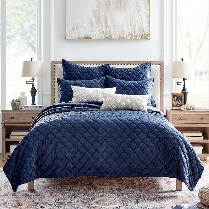 Levtex Home Cream Velvet Quilt Set with Shams, Blue, King