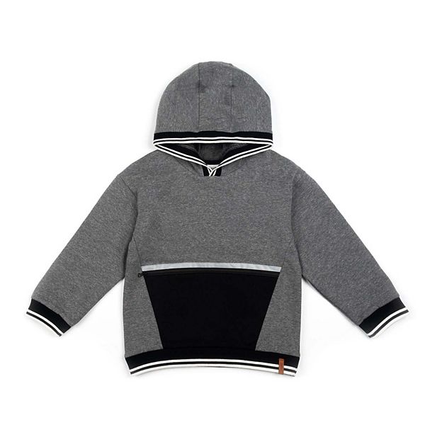 Hooded Fleece Top With Zipper Pocket Dark Heather Grey, Black And White