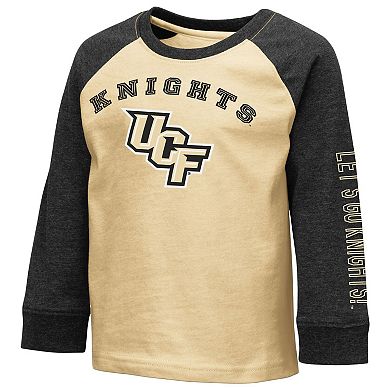 Toddler Colosseum Heathered Gold/Heathered Charcoal UCF Knights Two-Hit Raglan Long Sleeve T-Shirt