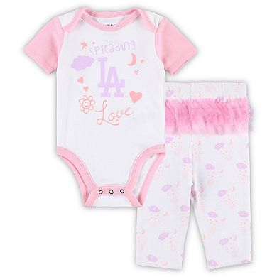 Newborn & Infant White/Pink Los Angeles Dodgers Spreading Love Bodysuit & Tutu with Leggings Set