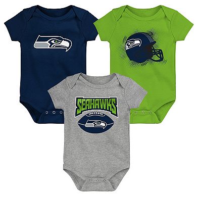 Infant College Navy/Neon Green/Heathered Gray Seattle Seahawks 3-Pack Game On Bodysuit Set