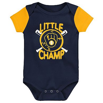 Newborn & Infant Navy/Gold Milwaukee Brewers Little Champ Three-Pack Bodysuit Bib & Booties Set